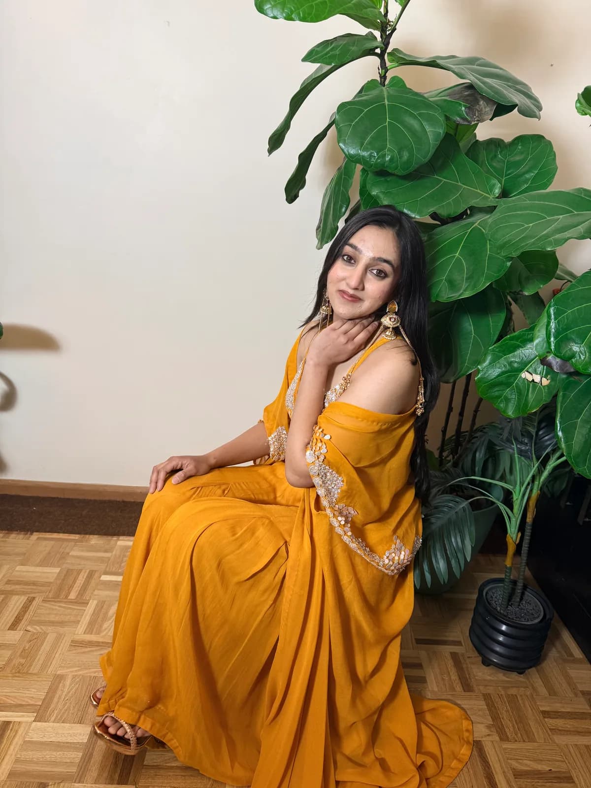 Marigold Sequin Crop Top Sharara with Embroidered Cape front view on model